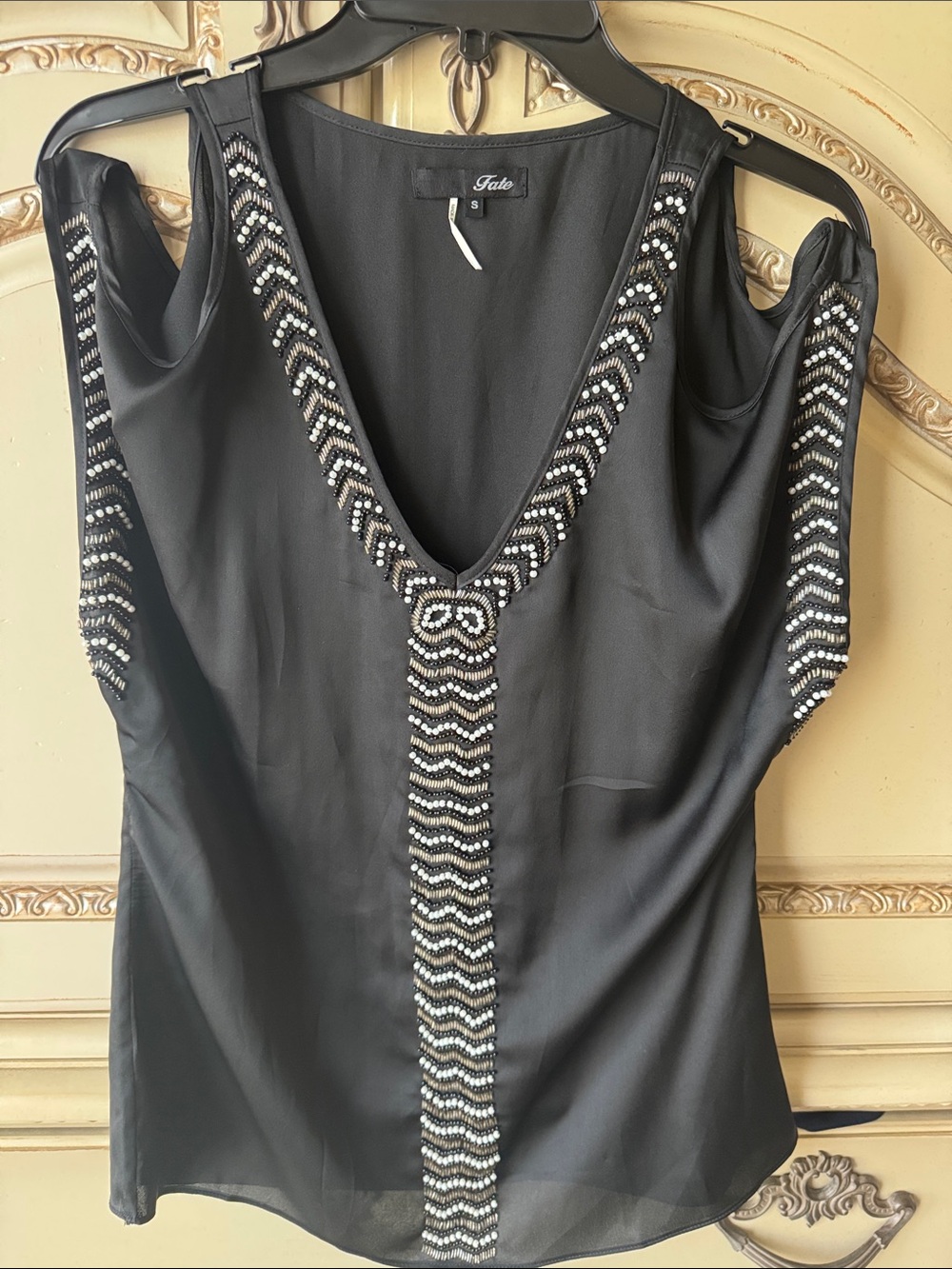Fate Black Cold-Shoulder V-Neck Top with Silver Beading